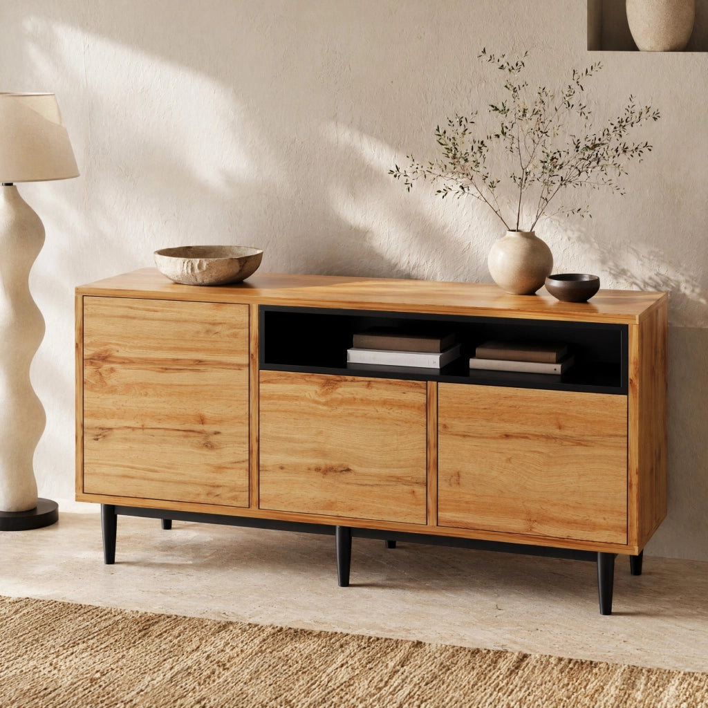 SIDEBOARD 160 x 35 x 76 cm in MDF effetto legno naturale, 3 ante