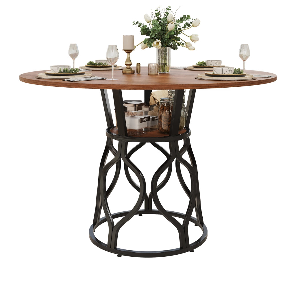 Tavolo da pranzo rotondo 100x100x75 cm, tavolo da cucina per 4-6 persone con vano contenitore integrato, piano in MDF effetto noce, struttura moderna