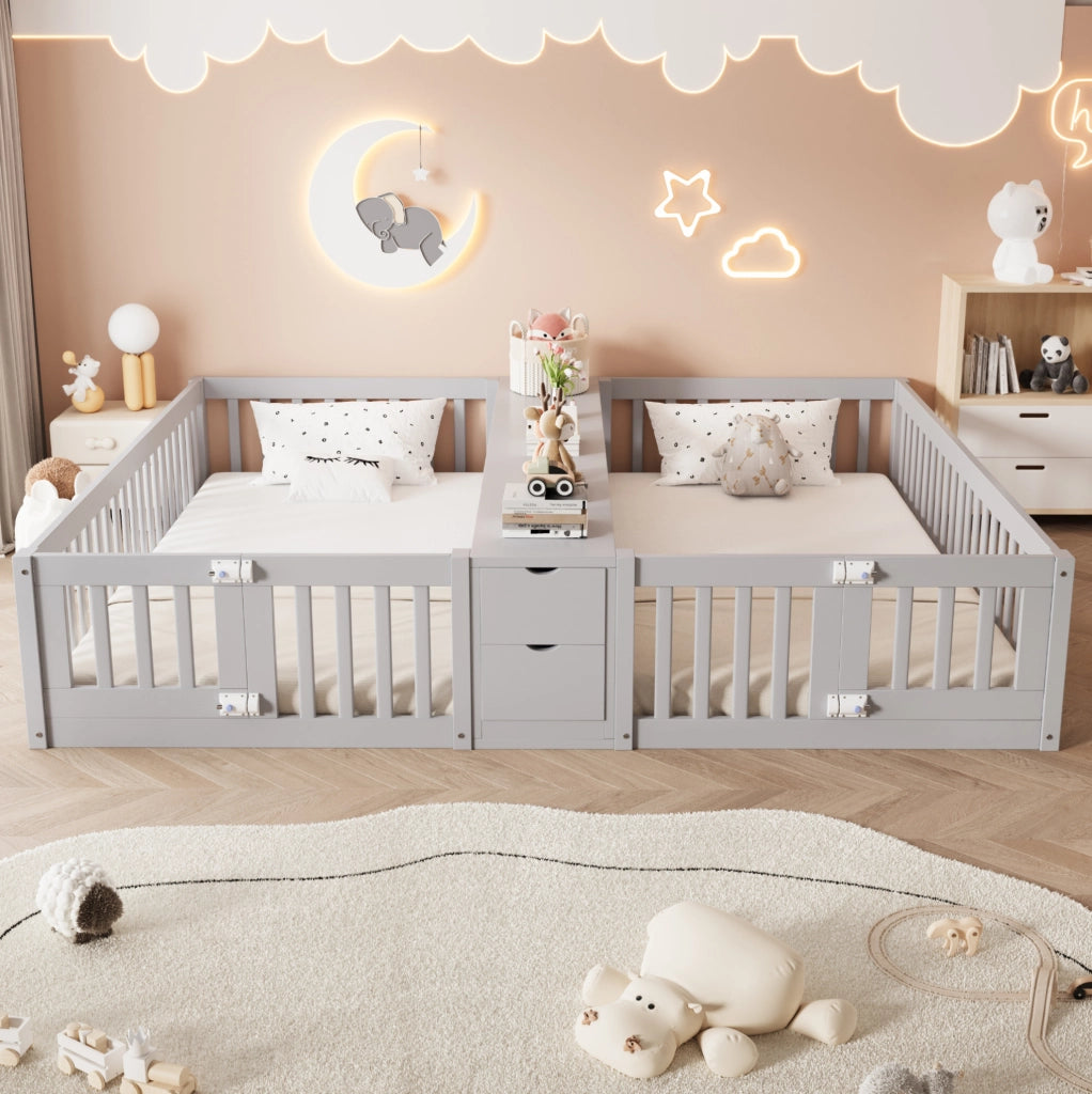 Letto multifunzione per bambini 90x200 cm con 2 posti, cassetti e libreria grigio