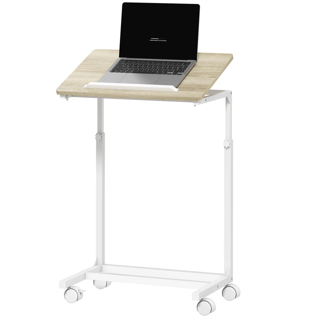 Tavolino da lavoro regolabile con piano inclinabile e ruote ¨C zephmum ¨C bianco e rovere 55x36x62.5-82.5 cm