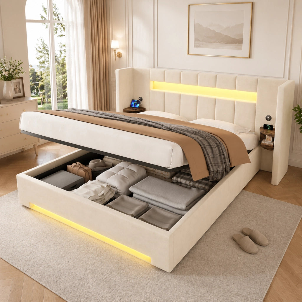 DESMIU Letto contenitore 180 × 200 cm 2 posti con USB, LED, vani portaoggetti, senza materasso, in velluto, beige