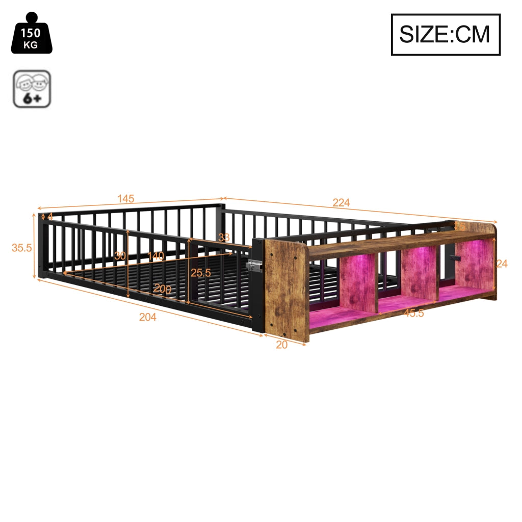 DESMIU Letto con barriera 2 posti, vano a giorno e LED, 140 × 200 cm, senza materasso, metallo e MDF nero