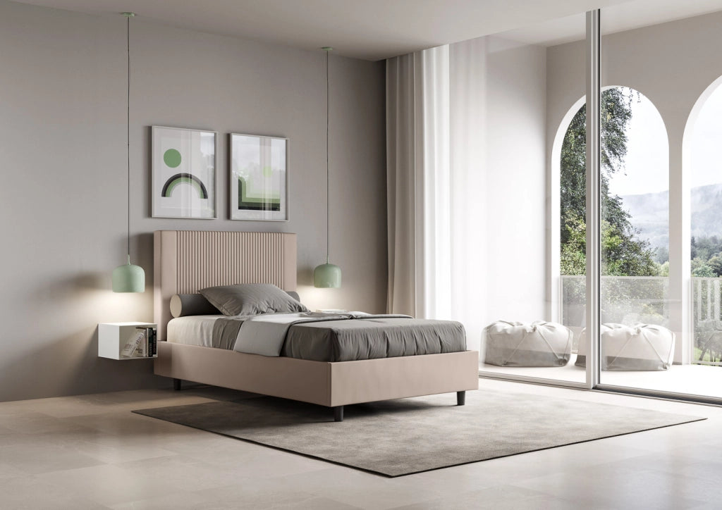 BS COM Letto una piazza e mezza con rete imbottito 130x200 similpelle tortora