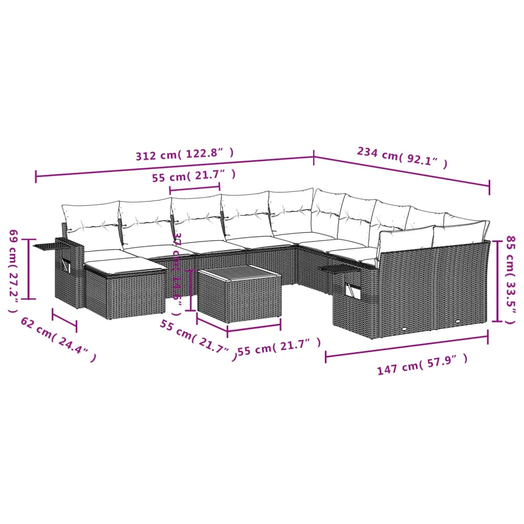 Set Divani da Giardino 12 pz con Cuscini Nero in Polyrattan 3257190