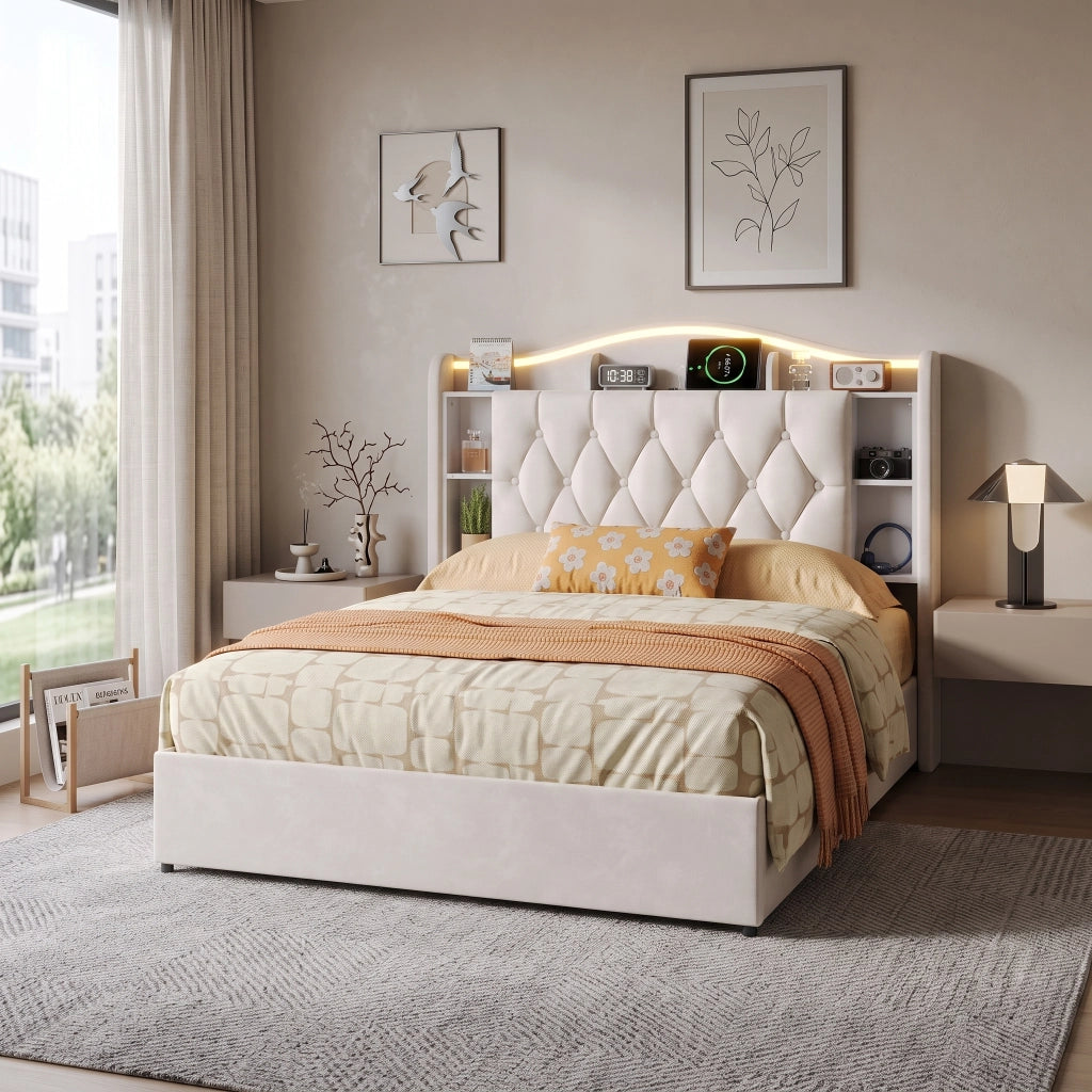 Letto una piazza e mezza 140x200 cm con contenitore LED RGB USB testiera rete a doghe velluto metallo legno - beige