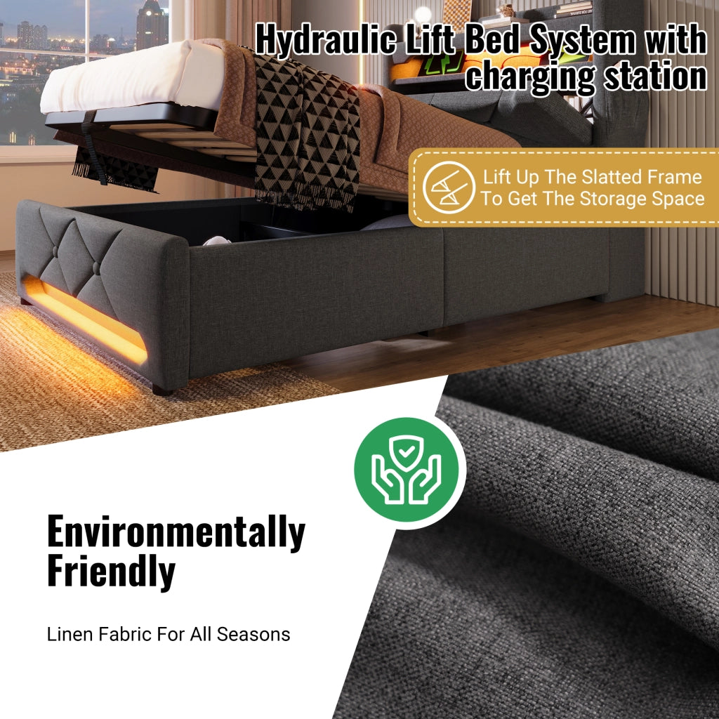 Letto singolo contenitore 90x200 cm con LED 360°; USB; USB-C; sollevamento idraulico e testiera portaoggetti; lino grigio