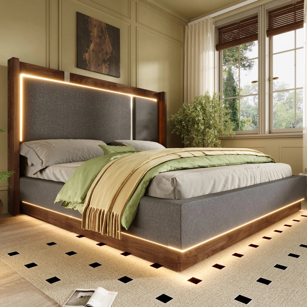 Letto imbottito 140x190 con LED, contenitore idraulico e rete a doghe