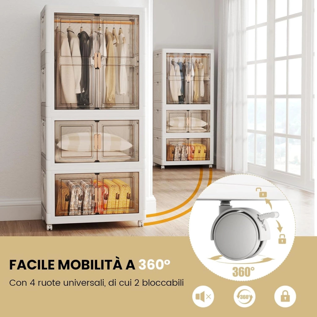 Armadio Appendiabiti Guardaroba Pieghevole su 3 Livelli, Armadietti in Plastica con Ruote e Coperchio, Scatole Contenitori di Stoccaggio Impilabili con Ante, per Soggiorno e Camera da Letto