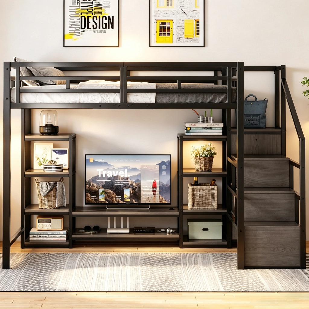 Letto a soppalco matrimoniale 140×200 cm con supporto TV; presa elettrica e scala; senza materasso; metallo; nero