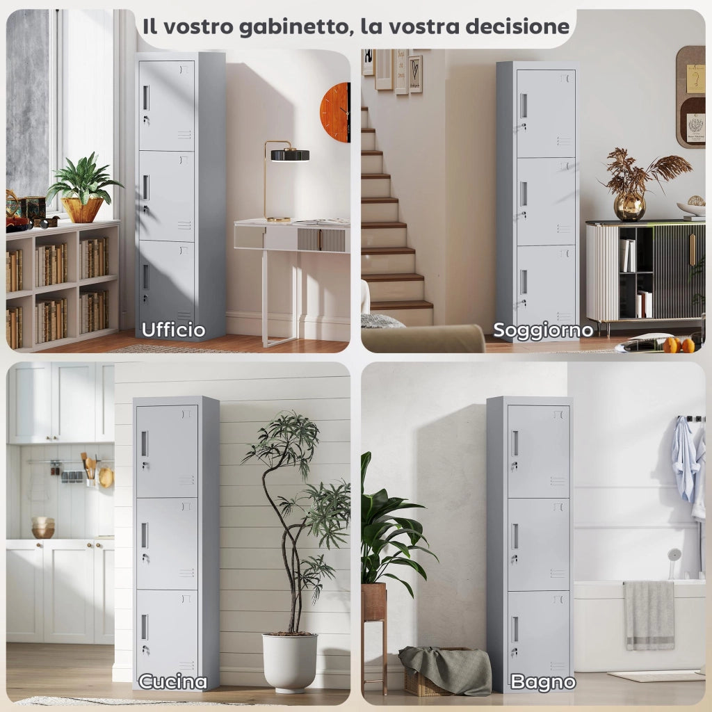 Armadio per Ufficio in Acciaio a 3 Porte Indipendenti con Serratura e 2 Chiavi, 45x38x180 cm, Grigio Chiaro