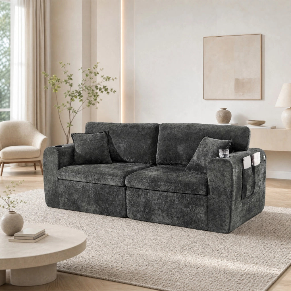 Divano relax a 2 posti in chenille con USB; tasche laterali e portabicchieri; nero 220x100x89 cm