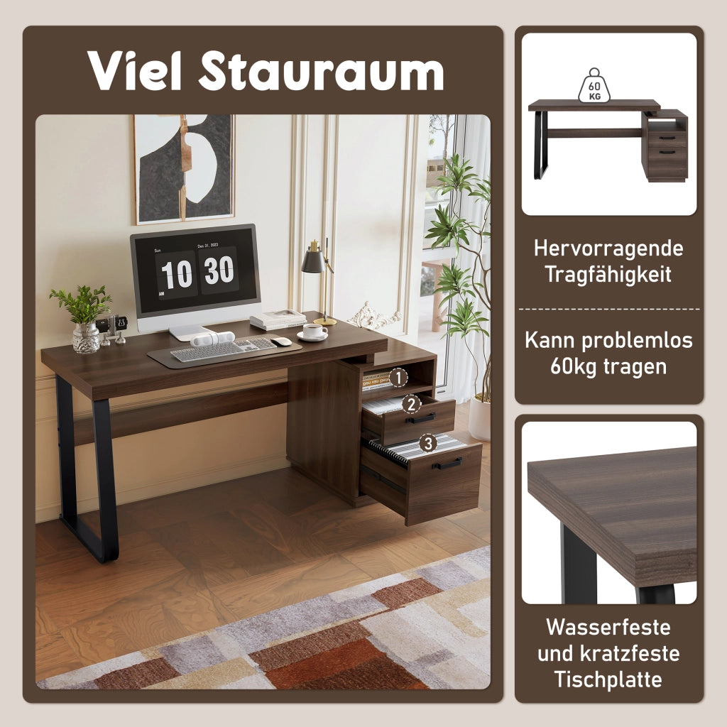 SCRIVANIA 135x54 cm con cassetto e vano aperto MDF e metallo marrone