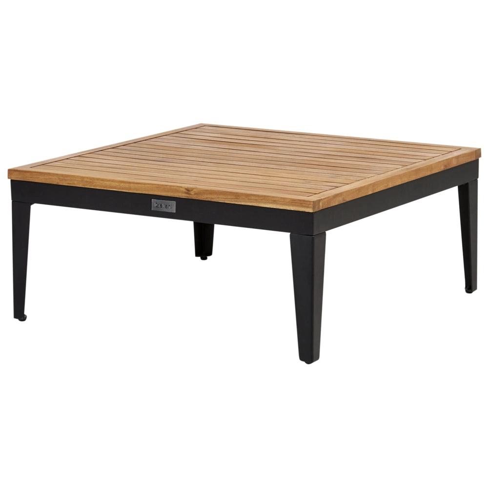 Set da giardino divano angolare 4 posti in legno di acacia certificato con tavolino e pouf cuscini beige chiaro lato sinistra