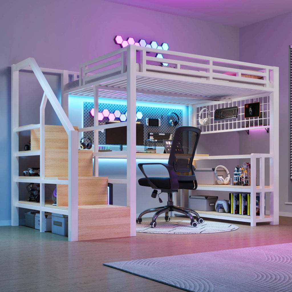 Letto a Soppalco con Scrivania e LED ¨C MINIMAL ¨C Bianco, 140x200, Metallo