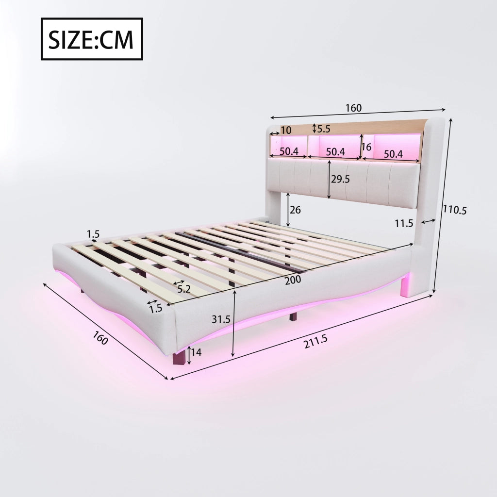 LETTO Imbottito Sospeso 160x200 cm Beige con LED e USB Type-C