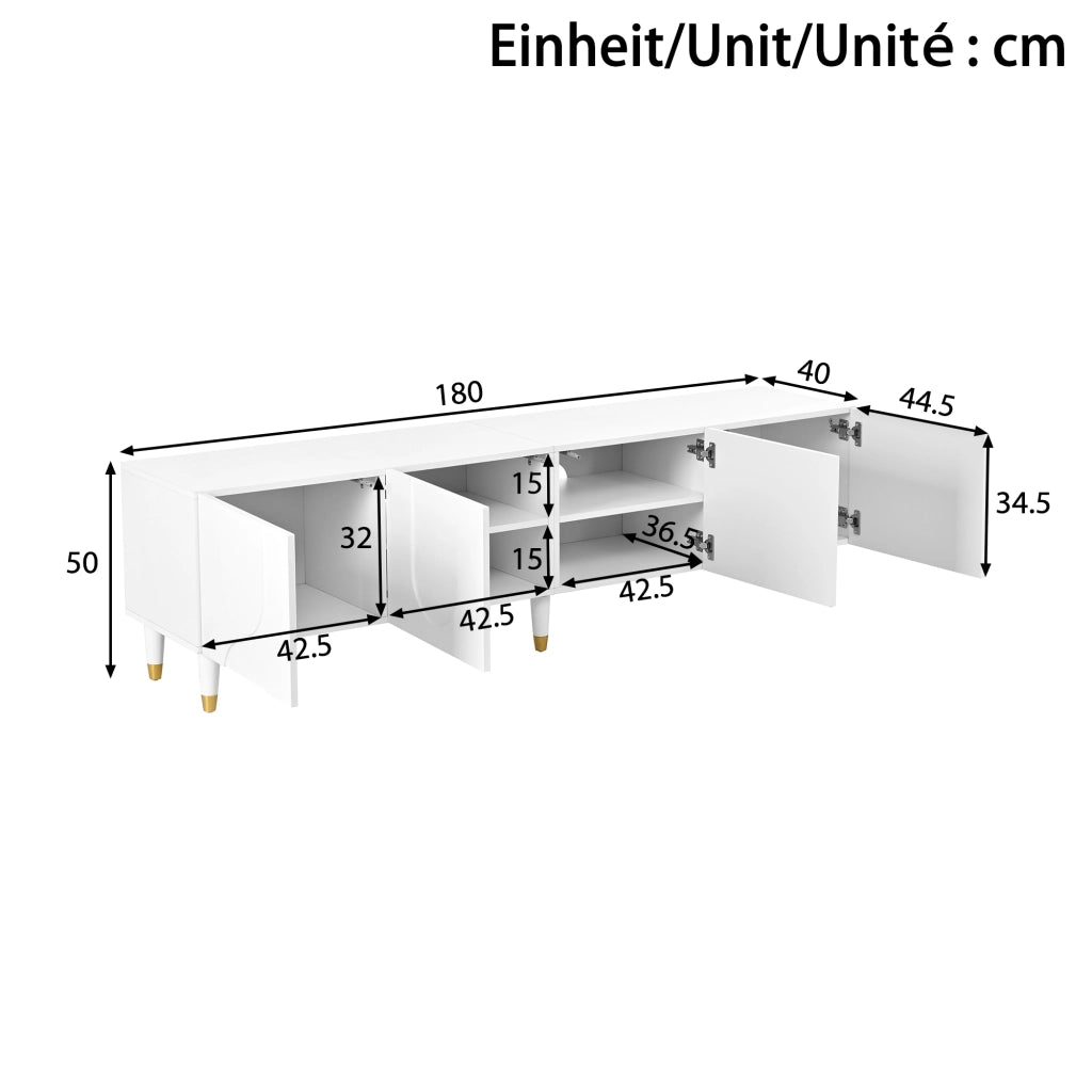 Mobile TV con 4 ante ad arco asimmetrico, ripiani e passacavi, gambe in legno massello, bianco, 180 × 40 × 50 cm
