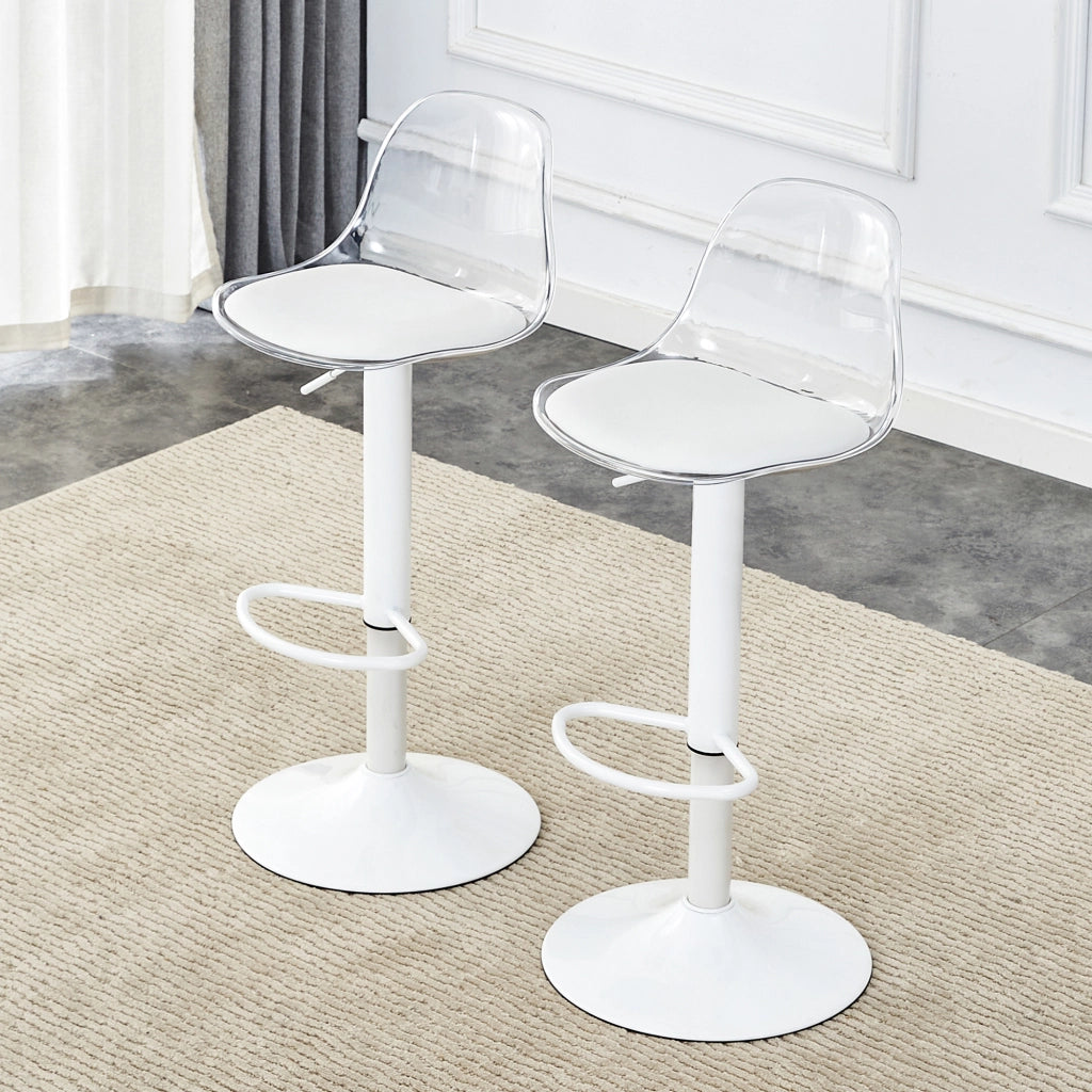 Set da 2 sedie a trave regolabili: schienale trasparente + gambe in metallo bianco, altezza regolabile da 82 a 104 cm, rotazione a 360¡ã.