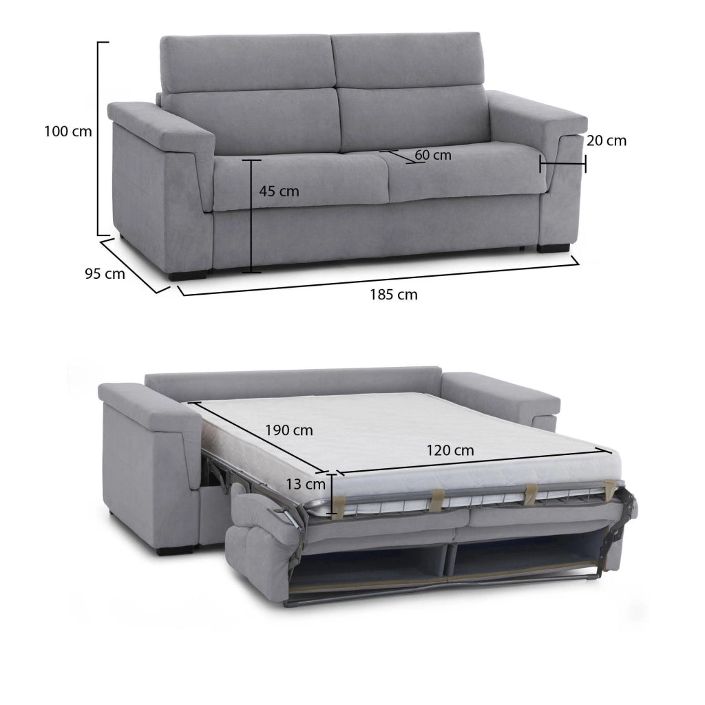 Tenna, Divano Letto 2 Posti Sfoderabile Made in Italy, 185x95 cm Grigio