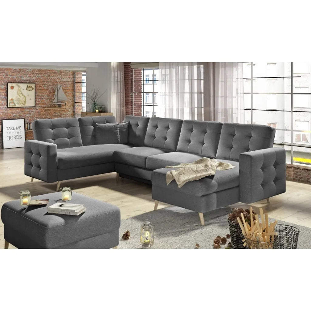 Divano ad angolo panoramico convertibile U HASGARD 326 cm grigio scuro con contenitore