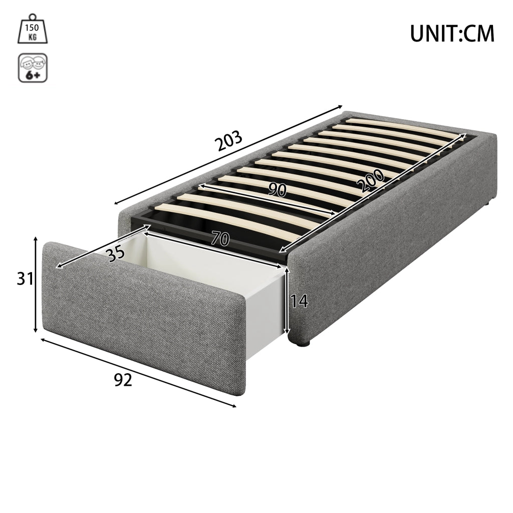 DESMIU Letto imbottito 90 × 200 cm 1 posto con 1 cassetto, contenitore idraulico, senza materasso, tessuto grigio