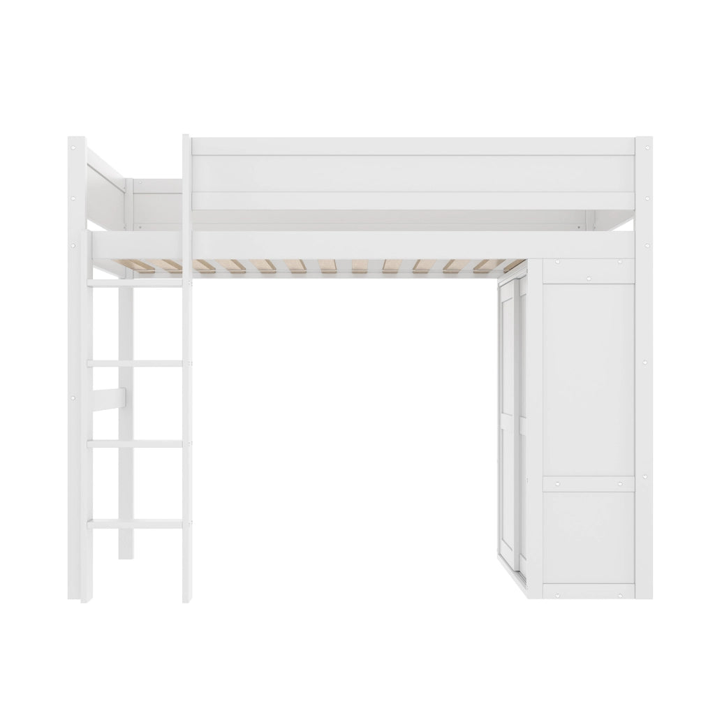 Letto a soppalco 90x200 cm con armadio e vano contenitore in legno e MDF bianco