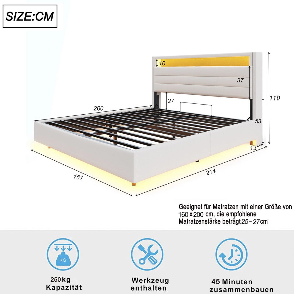 Letto imbottito 160x200 cm con vano contenitore idraulico, LED e USB