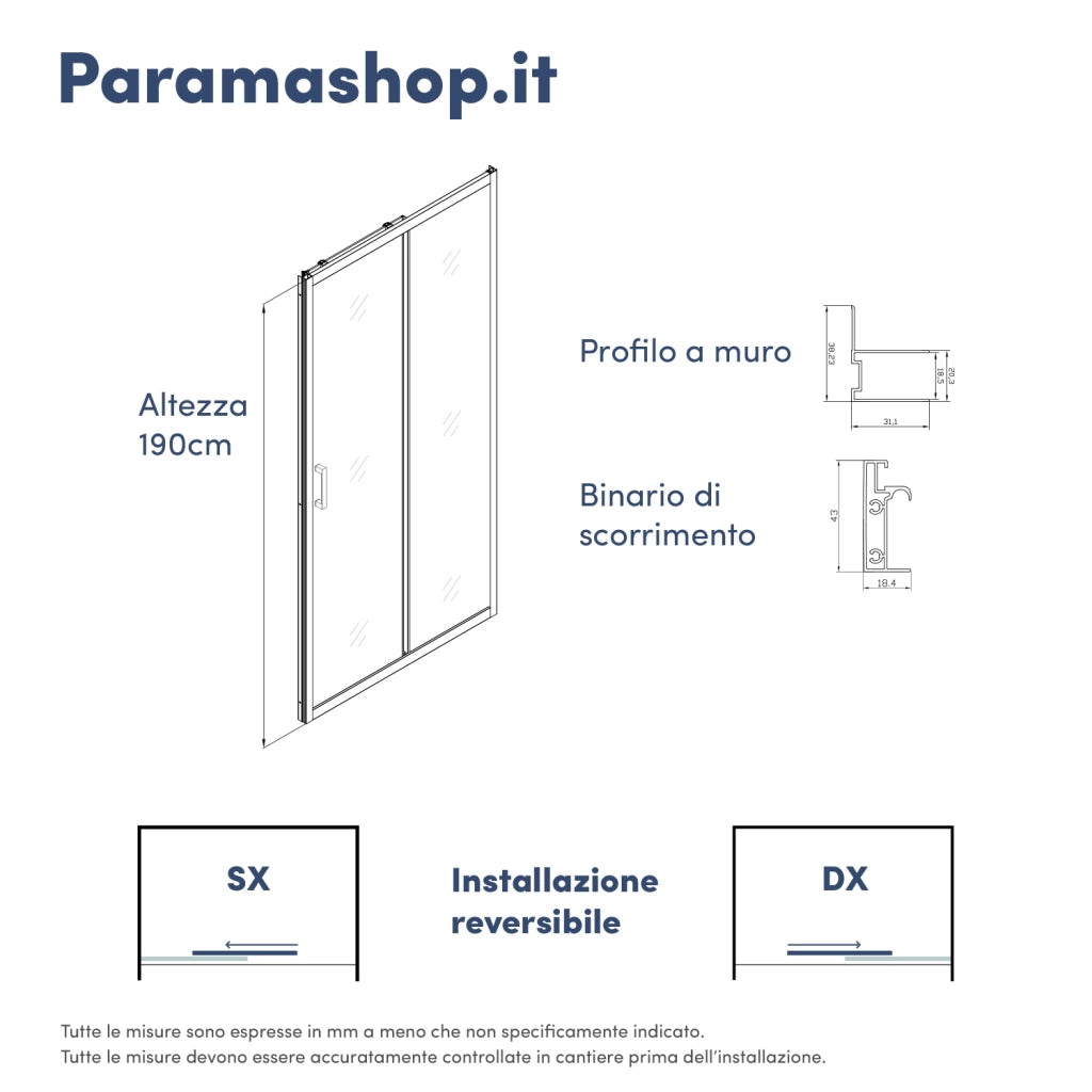 Porta doccia 145 cm scorrevole reversibile vetro 6mm trasparente h190 | Sicily