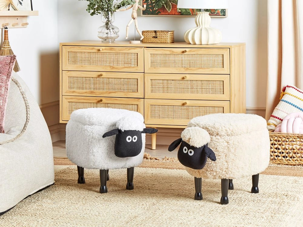 Pouf animaletto Sgabello per bambini Poggiapiedi in pelliccia sintetica beige chiaro con gambe in legno portaoggetti Seggiolino per bambini