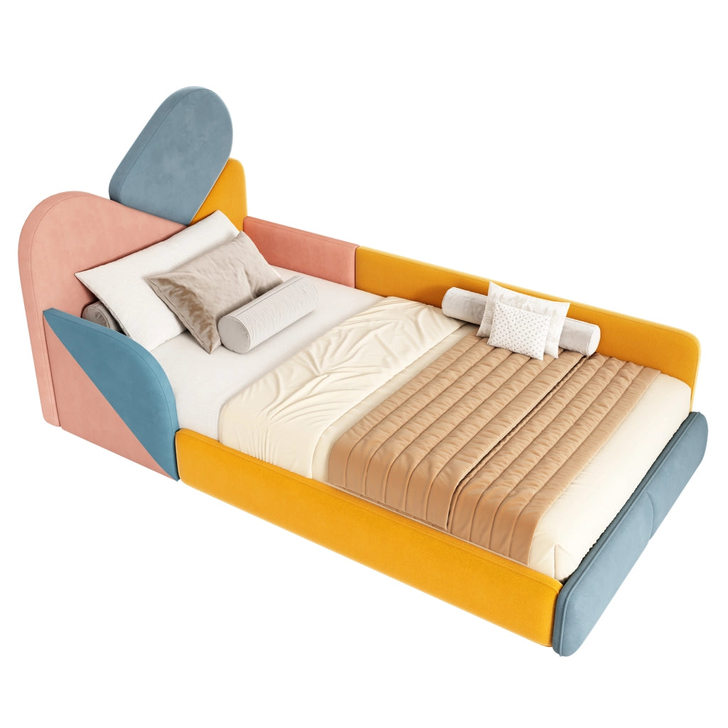 Letto imbottito per bambini 90x200 cm, patchwork multicolore, con sponde laterali rialzate, velluto