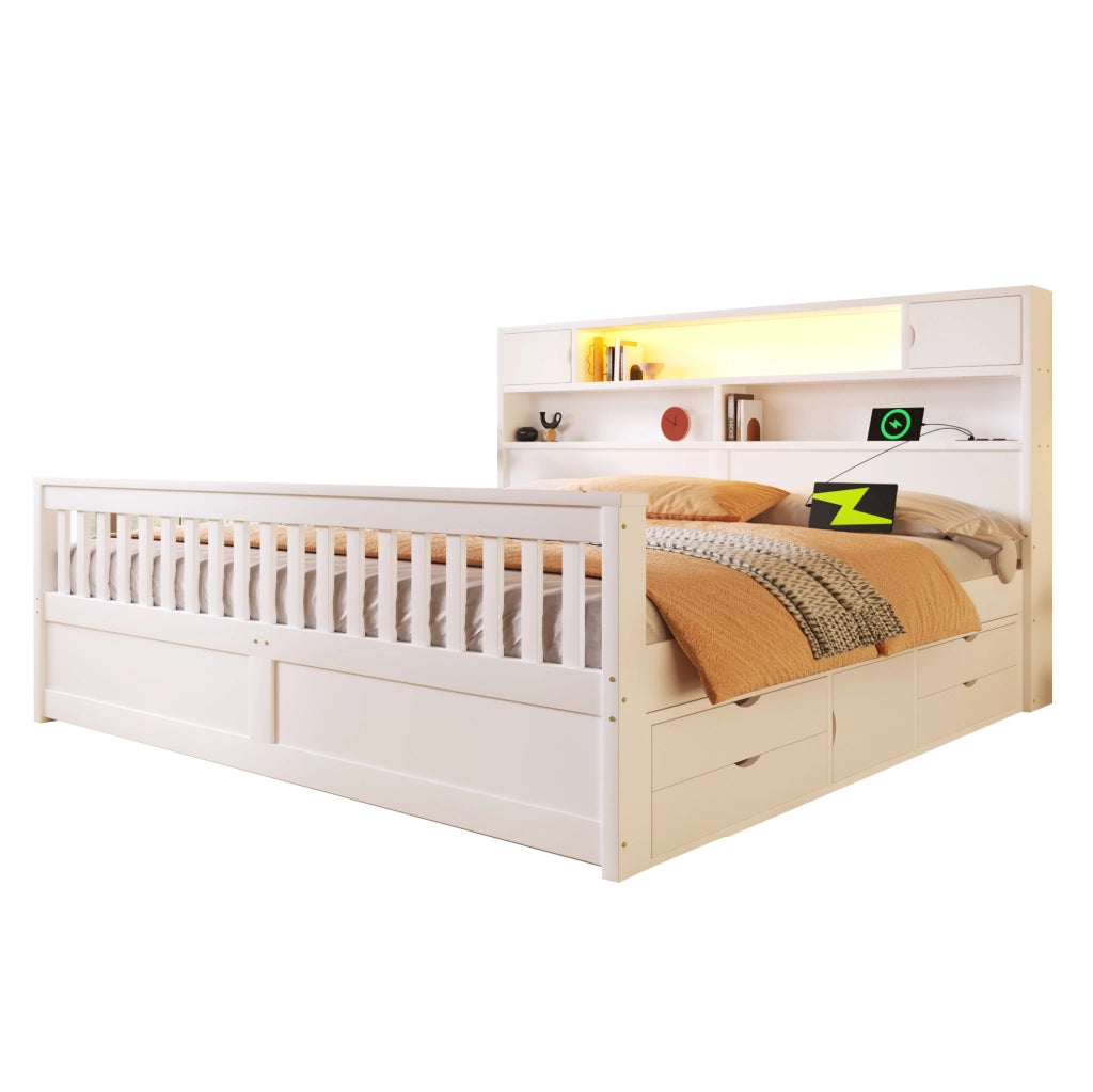 Letto matrimoniale 180x200 cm con testiera a libreria; LED e 4 cassetti in MDF e compensato; bianco