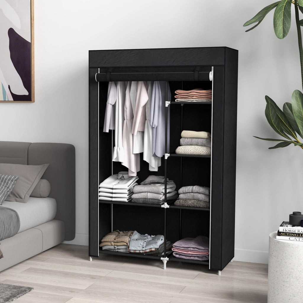 Armadio Tessuto ¨C Minimal ¨C 6 Ripiani, Appendiabiti, Nero
