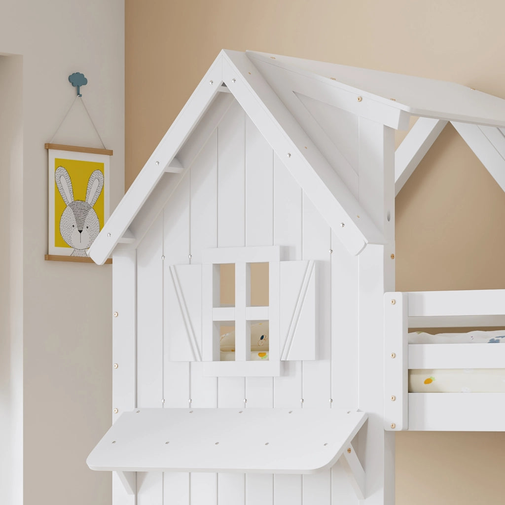 Letto a castello per bambini 90x200 cm con finestre, tetto e scala