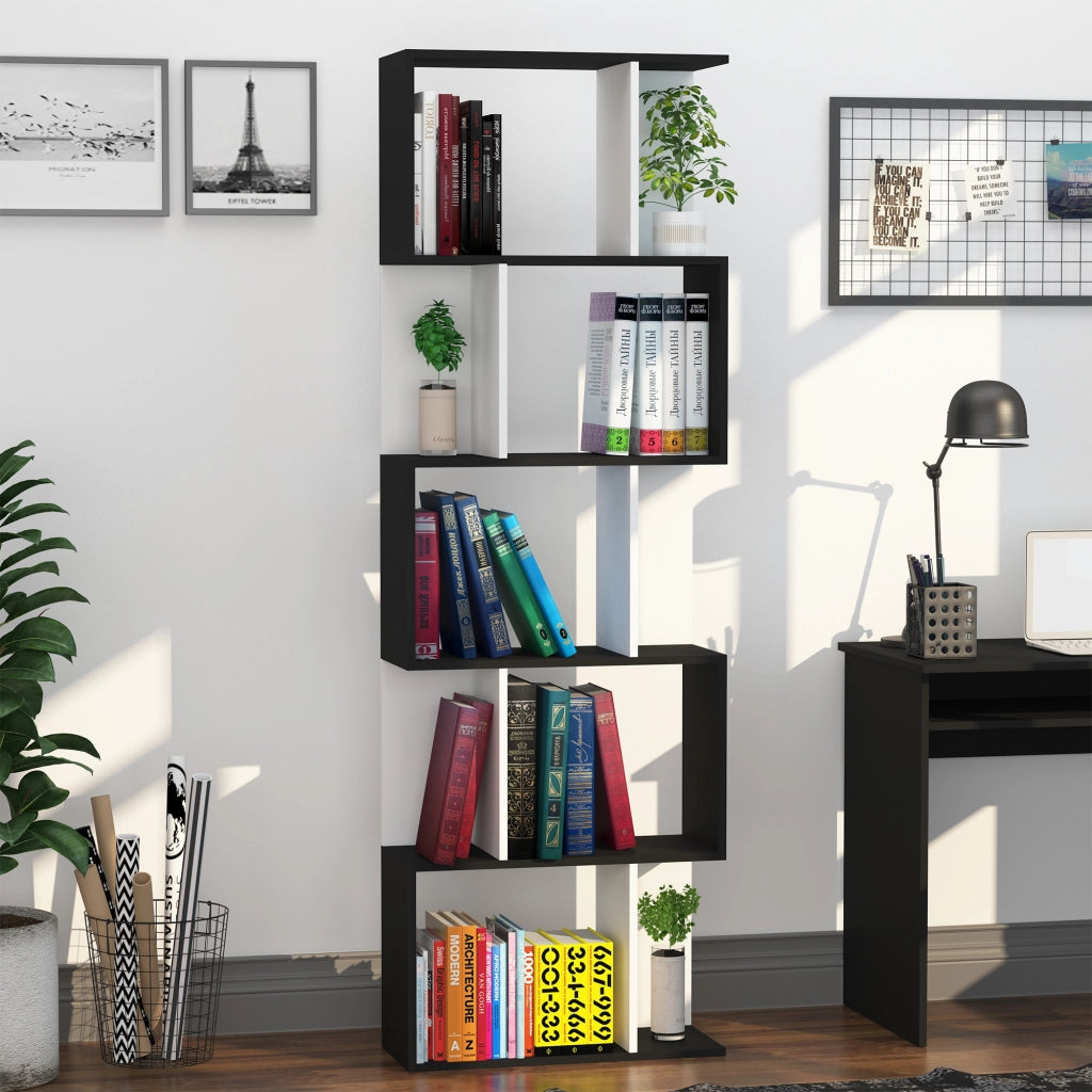 Mobile Libreria in Legno a 5 Ripiani con Divisorio. 60x24x184.5 cm. Bianco e Nero