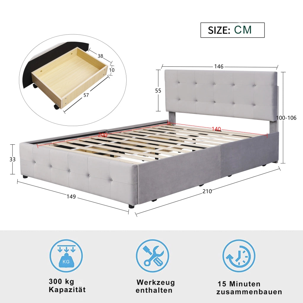 LETTO imbottito 140x200 cm con 4 cassetti, velluto grigio