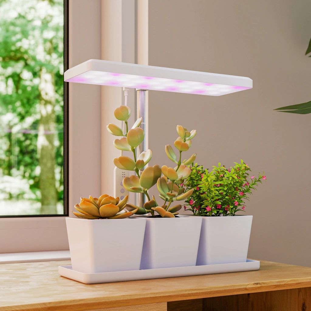 Lampada per Piante LED 30 Luci ¨C Xylo ¨C con 3 Vasi, Timer, Regolabile, 31.8x13.4x18.6-35.6 cm, Bianco