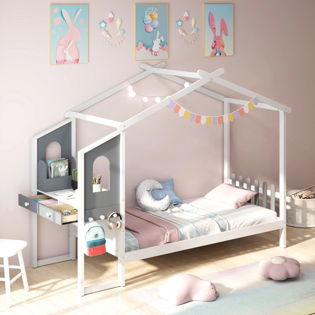 Letto singolo con tetto e staccionata, Letto a piattaforma in legno 253 x 102 x 193 cm, portata 150 kg