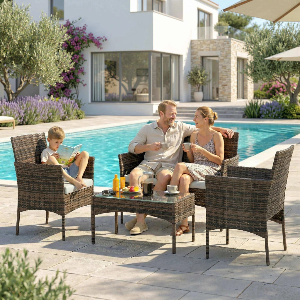Set da Giardino 4 Pezzi con Divano 2 Posti ¨C Minimal ¨C Rattan, Acciaio, Beige, Marrone