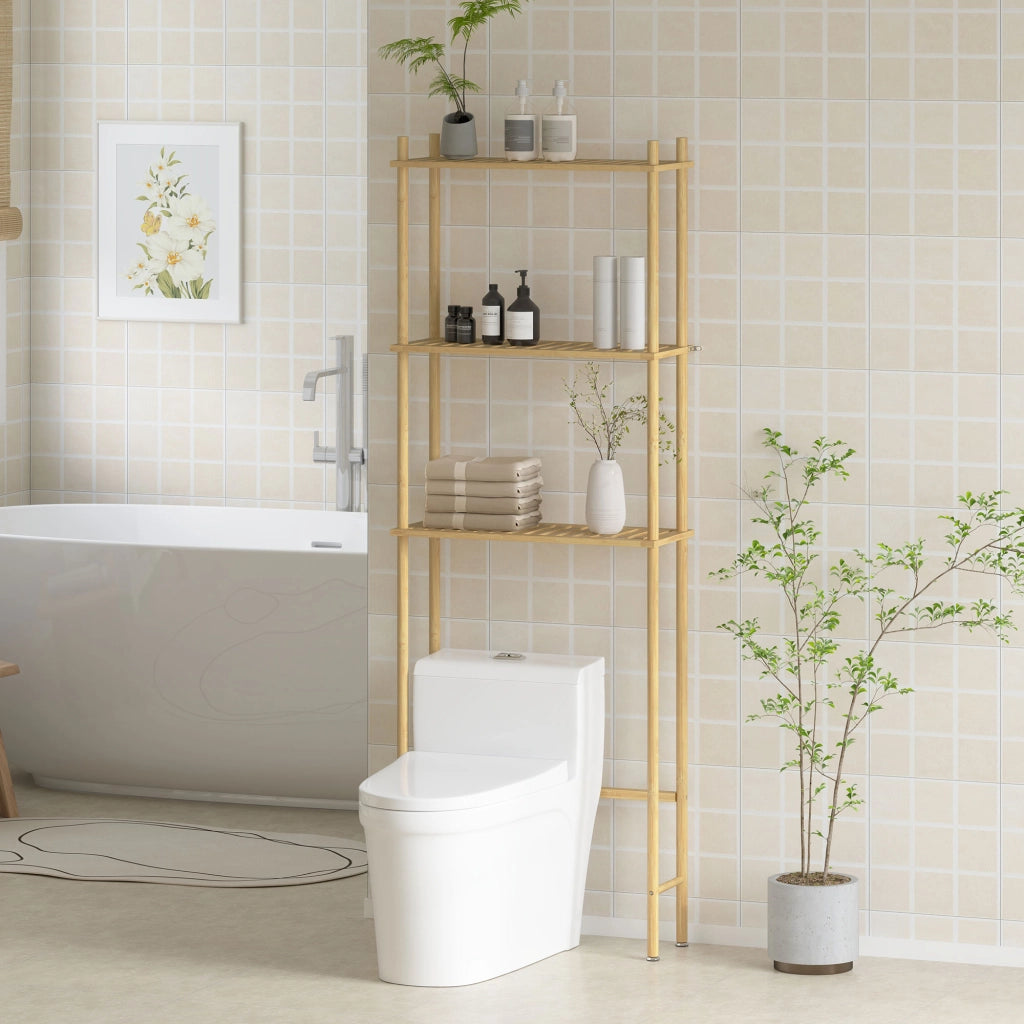 Mobile Salvaspazio Sopra WC 3 Ripiani a Doghe in Bamb¨´ ¨C Minimal ¨C Legno 63.5x25.5x181 cm
