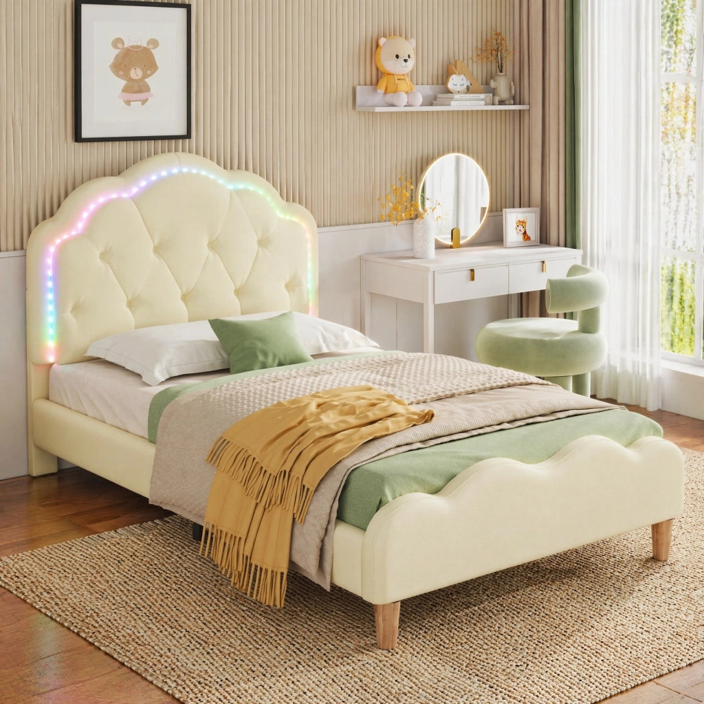 LETTO Polsterato 90x200 cm PU Beige con testiera ondulata e LED