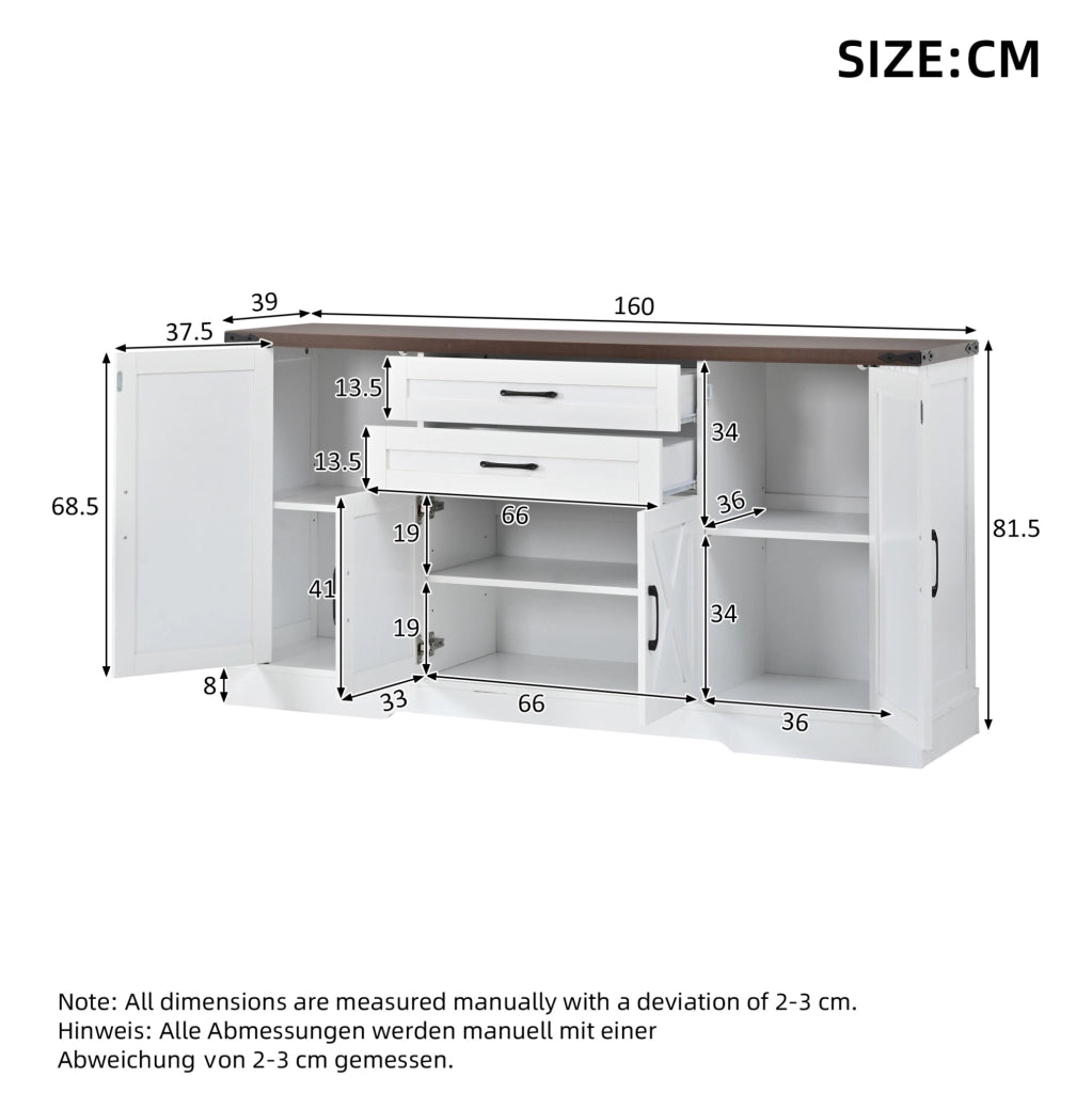 Credenza sideboard 160x39x81;5 cm con 4 ante e 2 cassetti; bianco in MDF e truciolare