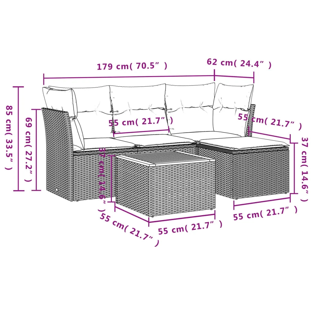 Set Divano da Giardino 5 pz con Cuscini-Sofa da Giardino-Divanetto da esterno Grigio in Polyrattan 979918