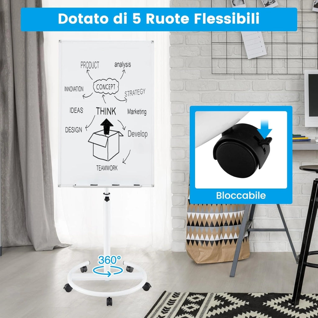 Lavagna Bianca Magnetica Mobile con Accessori, Lavagna Regolabile in Altezza e Angolo con Supporto Rotondo, 5 Ruote Bloccabili, 65 x 60 x 132-192 cm (Bianco)