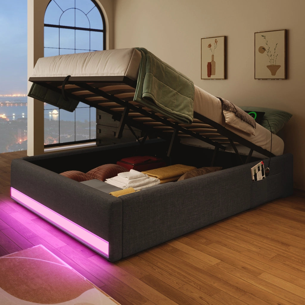 LETTO contenitore 90x200 cm in lino grigio con LED, USB e Type-C