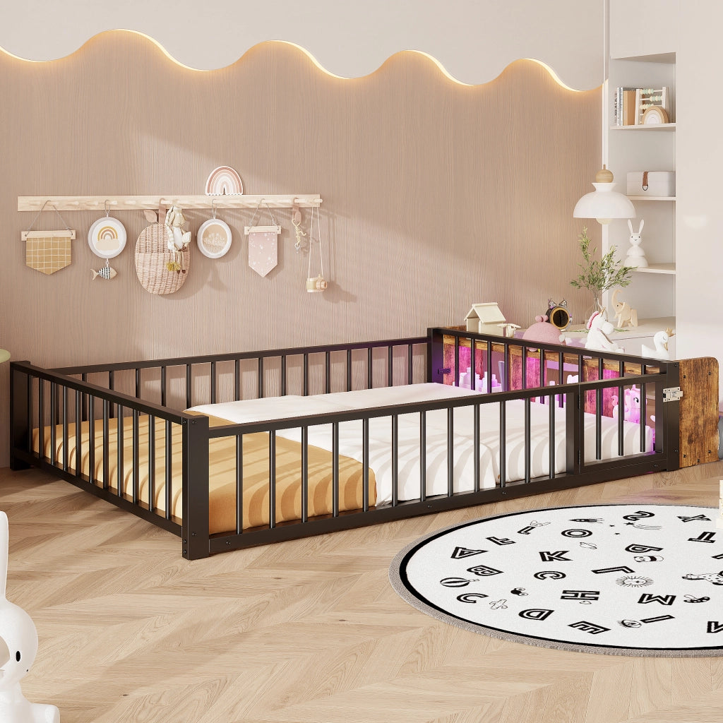 DESMIU Letto con barriera 2 posti, vano a giorno e LED, 140 × 200 cm, senza materasso, metallo e MDF nero
