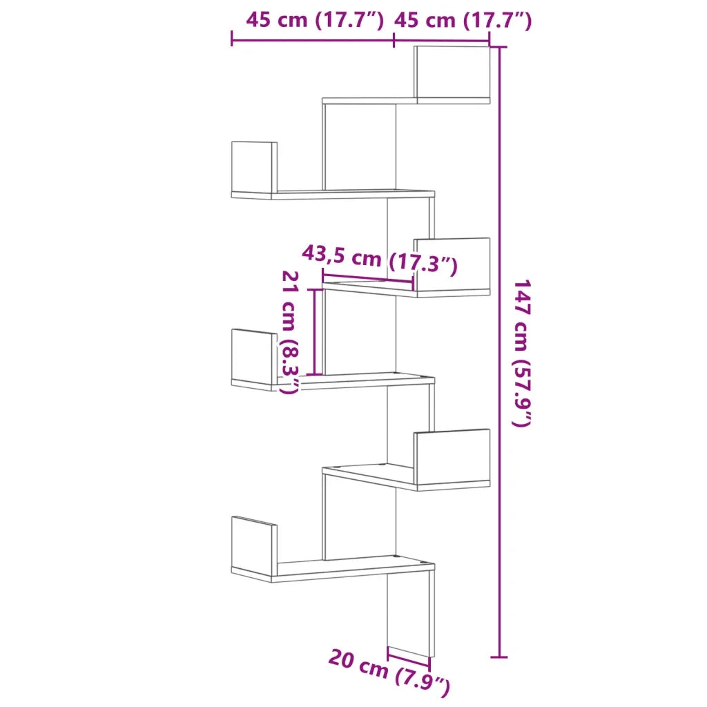 Scaffale Angolare Muro | Mensola a parete Grigio Sonoma 45x45x147 cm Multistrato