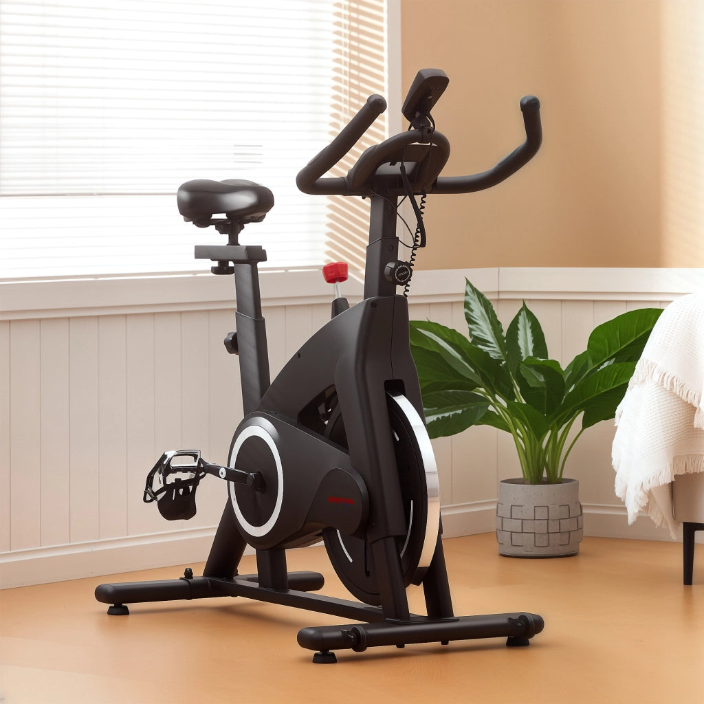 Bicicletta da fitness ¨C Minimal ¨C nero, sella e manubrio regolabili, schermo LCD, supporto tablet