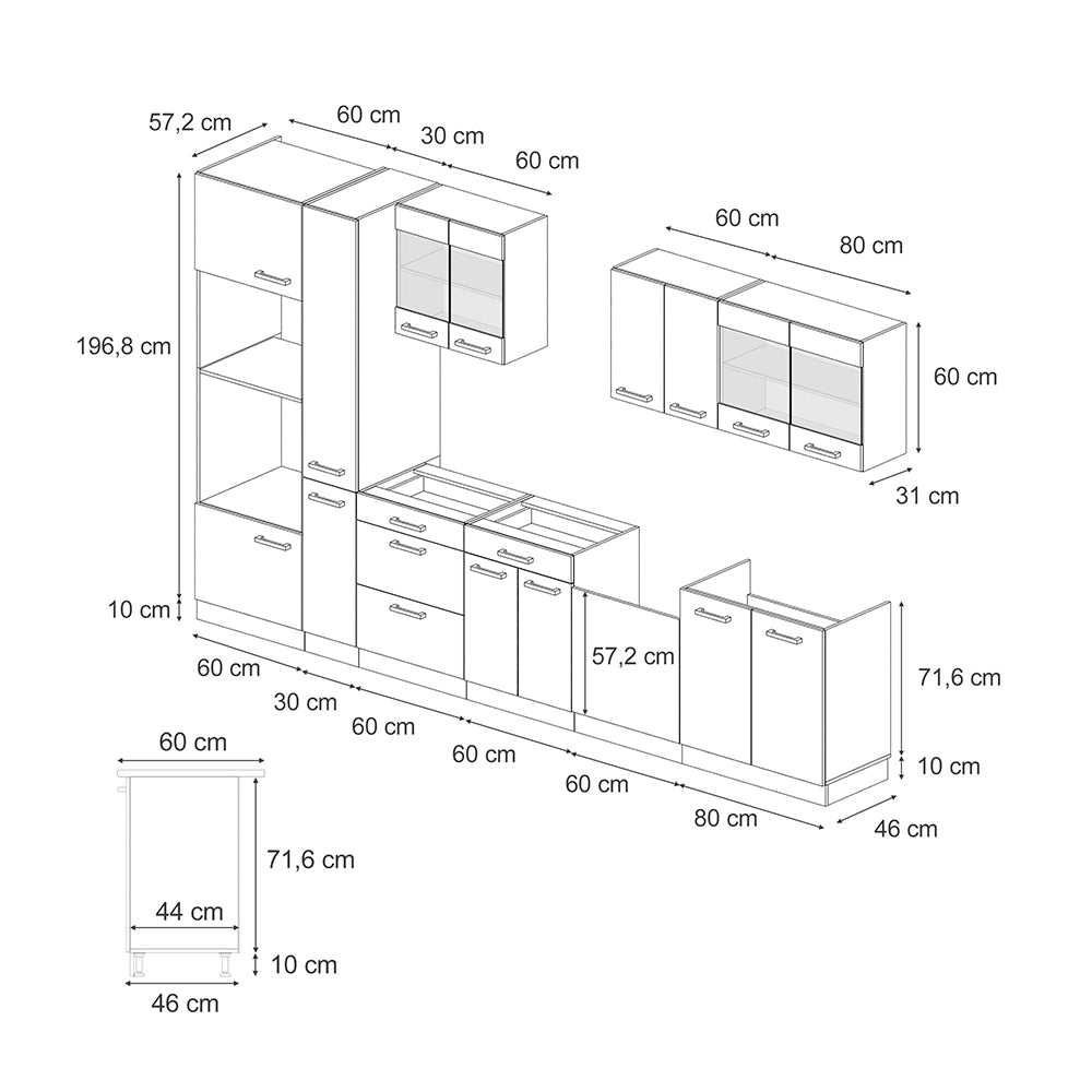 Vicco Cucina  Rovere artigianale/antracite 350 cm con armadio alto, PL Marmo