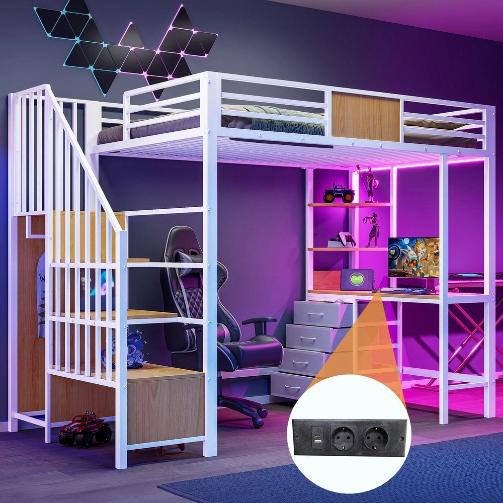 Letto a Soppalco con Scrivania e LED ¨C MINIMAL ¨C 90x200, Metallo, Nero
