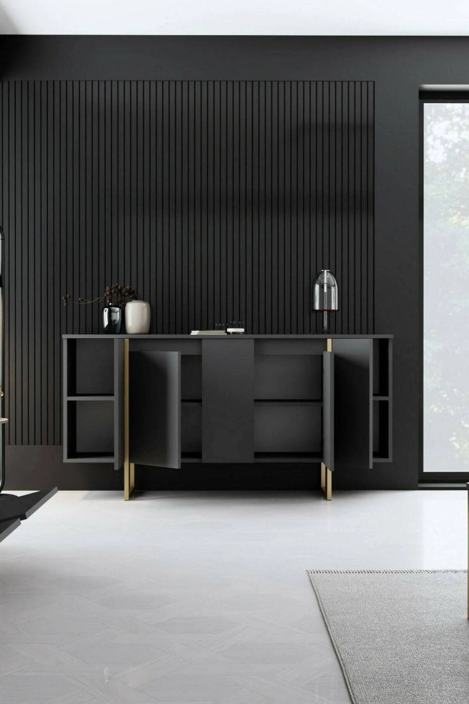 Credenza Arta, Buffet da soggiorno, Madia da salotto, Dispensa da cucina, 160x35h80 cm, Antracite e Oro