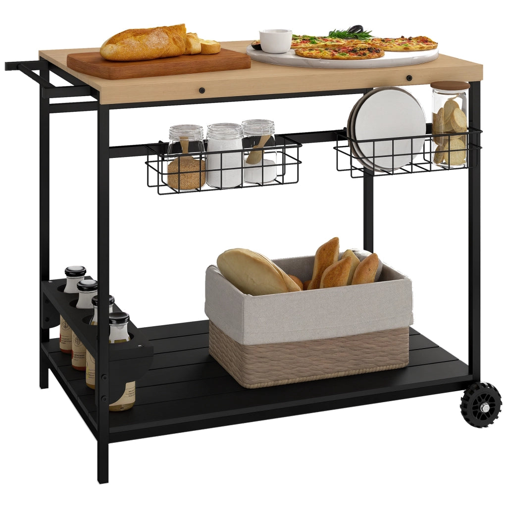 Carrello da giardino per barbecue ¨C Xylo ¨C legno e metallo con 2 ripiani e portabottiglie